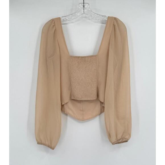 Wilfred Aritzia Women Beige Scoop Neck Balloon Long Sleeve Crop Top Sz S - Picture 2 of 3